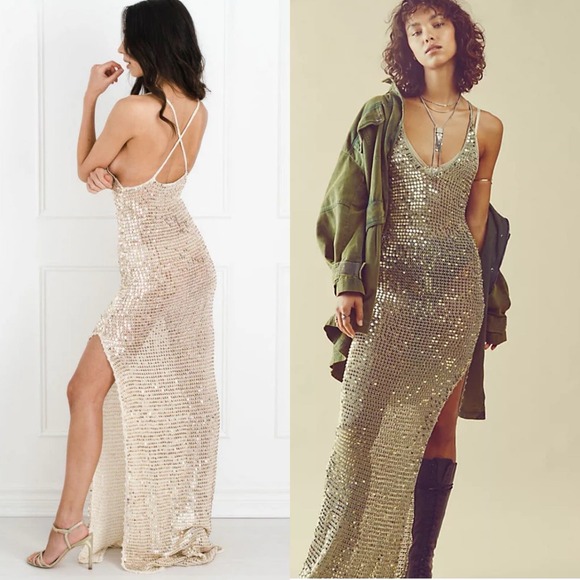 Retrofete Dress Marie Sequin Crochet Maxi White Ivory Gold Long XS / S Strappy - Picture 3 of 16